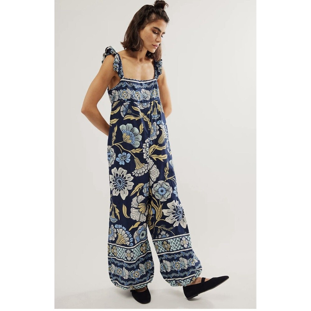 Free People Bali Albright Navy Blue Floral Wide-Leg Jumpsuit